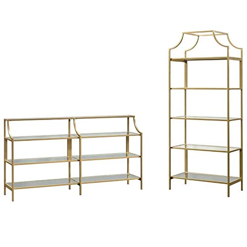 Home Square 2 Piece Living Room Set with 5 Shelf Metal Frame Bookcase and 3 Shelf Console Table in Satin Gold