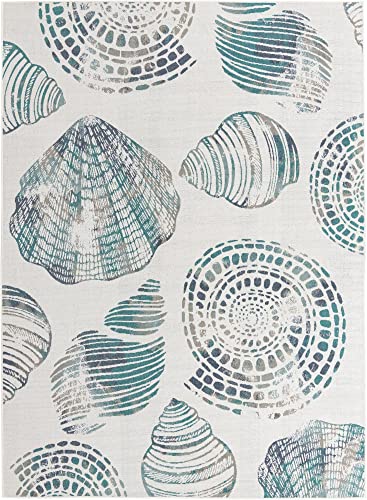 Unique Loom Outdoor Coastal Collection Beach, Shells, Vintage, Contemporary, Distressed Area Rug (9' 0 x 12' 0 Rectangular, Ivory/Blue)