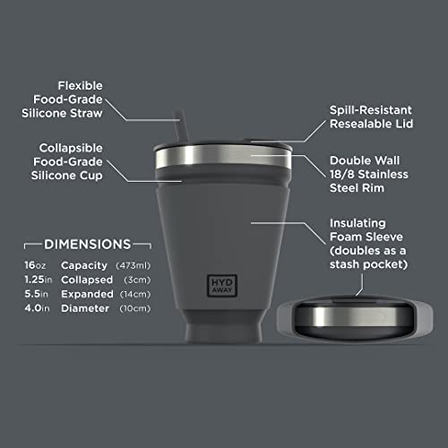 HYDAWAY Collapsible Drink Tumbler | Portable, Insulated, Hot & Cold Drink Cup for Coffee, Tea, Smoothies, Beer, Cocktails, Travel, Commuting, Camping, Events | 16oz Capacity (Jet Black)