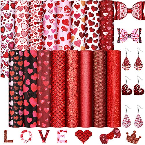 16 Pieces Valentine's Day Heart Faux Leather Sheets DIY Heart Pattern Leather Fabric Red and Pink Print Leather Sheet 6.3 x 8.3 Inch for Valentine's Day Crafts Sewing Decor Making Supplies