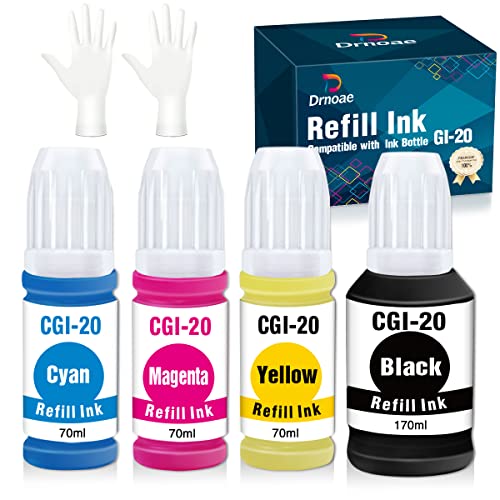 Drnoae Compatible GI-20 Ink Bottles Replacement for GI-20 GI20 Ink Bottles Refills Kit for Canon PIXMA G6020 G7020 G5020 MegaTank Printer - 4 Pack (Black, Cyan, Magenta, Yellow)