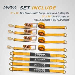 KODIAK STRAPS Adjustable Vehicle Tire Tie Down Straps Kit– 4pk Heavy Duty Tire Straps with Snap Hooks 10,000 lbs. Working Load 3333 lbs. Lasso 4 x Tow Strap Kit for Car, Truck, ATV Towing Accessories