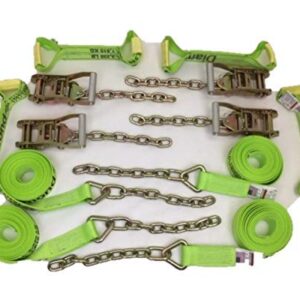 Safe 'n Secure 8 Point Heavy Duty Hi Viz Diamond Weave 18' Strap Kit for Rollback/Flatbed Tie Downs with 12" Chain Tail