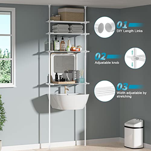 DYN Ptah Bathroom Organizer, 4-Tier Over-The-Toilet Storage, Adjustable Over The Toilet Storage Cabinet, Metal Bathroom Shelves Over Toilet for Small Room, Saving Space, 65 to 116 Inch Tall, White