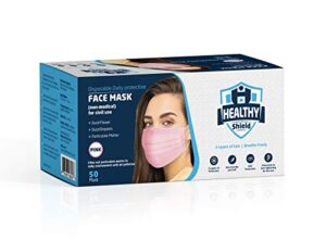 healthy shield 50pcs disposable 3-ply safety face mask, comfortable ear loop and breathable, non-woven, mouth covers, nose clip, perfect for adult, men, women, home, office, indoor, outdoor. - pink