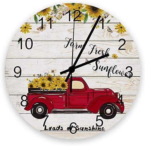 JUJUE Red Pickup Truck Full of Sunflowers Wall Clock 9.5 Inch Round Quiet Clock for Home Office Room Decorative