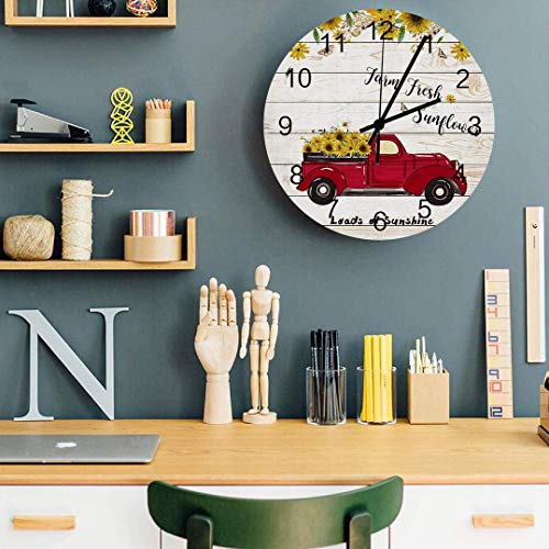 JUJUE Red Pickup Truck Full of Sunflowers Wall Clock 9.5 Inch Round Quiet Clock for Home Office Room Decorative