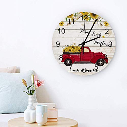 JUJUE Red Pickup Truck Full of Sunflowers Wall Clock 9.5 Inch Round Quiet Clock for Home Office Room Decorative