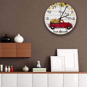 JUJUE Red Pickup Truck Full of Sunflowers Wall Clock 9.5 Inch Round Quiet Clock for Home Office Room Decorative