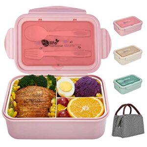 Porzu Bento Lunch Box, 1400 ML Lunch Box Meal PrepFor Kids & Adults，3 Compartments Portable Food Container with Utensil (Pink)