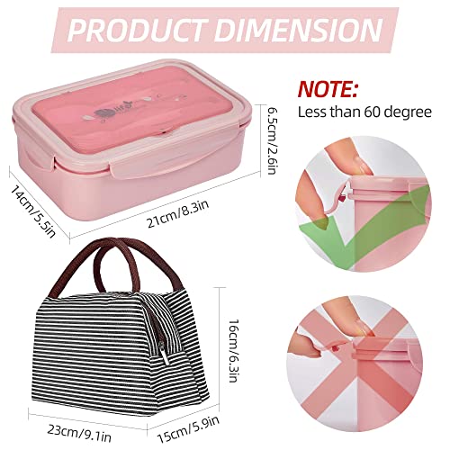 Porzu Bento Lunch Box, 1400 ML Lunch Box Meal PrepFor Kids & Adults，3 Compartments Portable Food Container with Utensil (Pink)