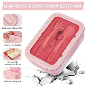 Porzu Bento Lunch Box, 1400 ML Lunch Box Meal PrepFor Kids & Adults，3 Compartments Portable Food Container with Utensil (Pink)