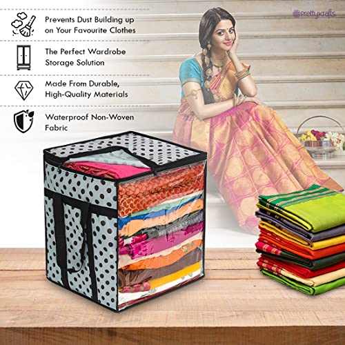 PrettyKrafts XL Saree Cover / sari organizer with handles and transparent front ( 15*12*15 In),(Pack of 4), Grey Dots