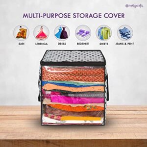 PrettyKrafts XL Saree Cover / sari organizer with handles and transparent front ( 15*12*15 In),(Pack of 4), Grey Dots