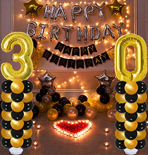 30th Birthday Decorations for Him Men,Cheers to 30 Years Tall 30 Birthday Balloons Column for 30th Party Decorations and 30th Wedding Anniversary Decorations (Black & Gold)