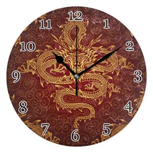 wall clock asian japanese dragon animal, quiet silent non ticking round clock for kitchen bedroom living room office classroom home decor