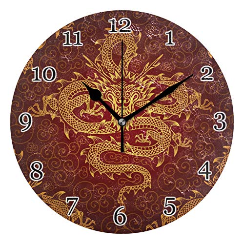 Wall Clock Asian Japanese Dragon Animal, Quiet Silent Non Ticking Round Clock for Kitchen Bedroom Living Room Office Classroom Home Decor