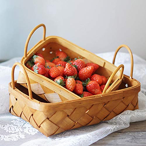 HQBL Set of 2 Hand-Woven Practical Storage Baskets - Rattan Square Storage Basket for Household Items，Shelf Basket with Handles for Clothes/Toys/Magazines/Bread/Fruit