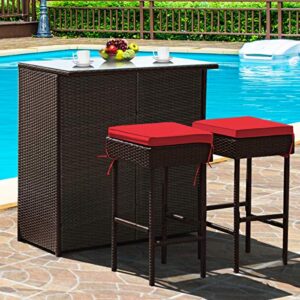 tangkula patio bar set, 3 piece outdoor rattan wicker bar set with 2 cushions stools & glass top table, outdoor furniture set for patios backyards porches gardens poolside (red)
