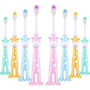 8 pieces kids toothbrush cartoon children toothbrush deer design toothbrush extra soft toothbrush with suction cup for boys and girls 2 to 8 years old, 4 colors