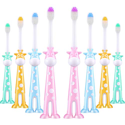 8 Pieces Kids Toothbrush Cartoon Children Toothbrush Deer Design Toothbrush Extra Soft Toothbrush with Suction Cup for Boys and Girls 2 to 8 Years Old, 4 Colors