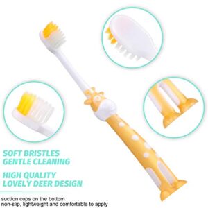 8 Pieces Kids Toothbrush Cartoon Children Toothbrush Deer Design Toothbrush Extra Soft Toothbrush with Suction Cup for Boys and Girls 2 to 8 Years Old, 4 Colors