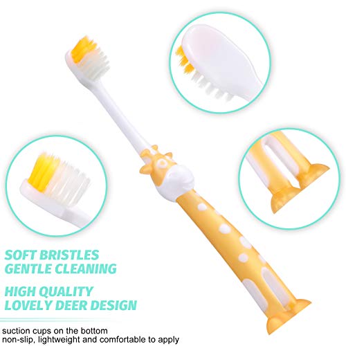 8 Pieces Kids Toothbrush Cartoon Children Toothbrush Deer Design Toothbrush Extra Soft Toothbrush with Suction Cup for Boys and Girls 2 to 8 Years Old, 4 Colors