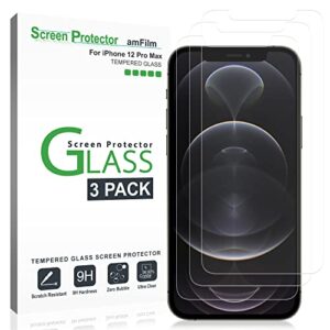 amfilm glass screen protector compatible for iphone 12 pro max 6.7" display, 2020, with easy installation tray, tempered glass, 3 pack