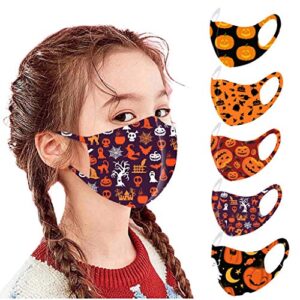 5pcs funny happy halloween reusable kids face_mask cute face coverings washable breathable dust bandanas for boys and girls