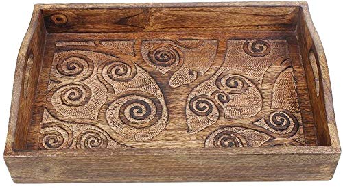 Tree of Life Wooden Breakfast Serving Tray with Handle for Tea Snack Dessert Kitchen Dining Serve Ware Accessories 15 x 10 Inches