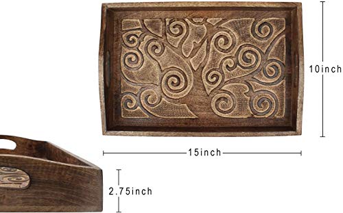 Tree of Life Wooden Breakfast Serving Tray with Handle for Tea Snack Dessert Kitchen Dining Serve Ware Accessories 15 x 10 Inches