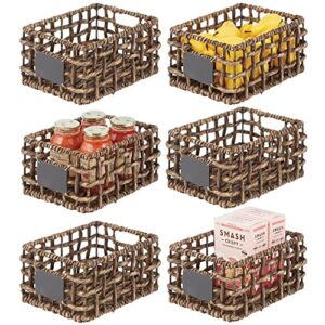 mdesign water hyacinth open weave household basket with built-in chalkboard label for storage in bedroom, bathroom, office - hold clothes, blankets, linens, accessories - 6 pack - brown wash