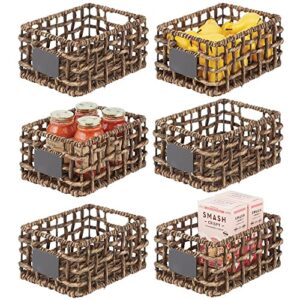 mDesign Water Hyacinth Open Weave Household Basket with Built-in Chalkboard Label for Storage in Bedroom, Bathroom, Office - Hold Clothes, Blankets, Linens, Accessories - 6 Pack - Brown Wash