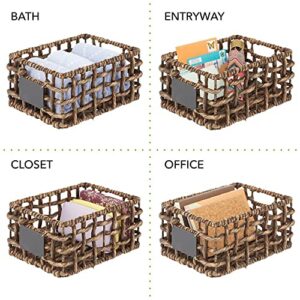 mDesign Water Hyacinth Open Weave Household Basket with Built-in Chalkboard Label for Storage in Bedroom, Bathroom, Office - Hold Clothes, Blankets, Linens, Accessories - 6 Pack - Brown Wash