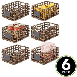 mDesign Water Hyacinth Open Weave Household Basket with Built-in Chalkboard Label for Storage in Bedroom, Bathroom, Office - Hold Clothes, Blankets, Linens, Accessories - 6 Pack - Brown Wash