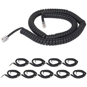 cablesys coiled telephone handset cord for use with pbx phone systems, voip telephones - 12 ft uncoiled, rj22, 1.5 inch lead on both ends, flat black, 10-pack