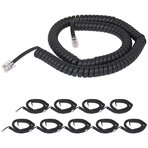 Cablesys Coiled Telephone Handset Cord for Use with PBX Phone Systems, VoIP Telephones - 12 Ft Uncoiled, Rj22, 1.5 Inch Lead on Both Ends, Flat Black, 10-Pack