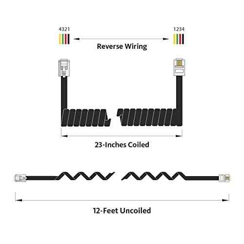 Cablesys Coiled Telephone Handset Cord for Use with PBX Phone Systems, VoIP Telephones - 12 Ft Uncoiled, Rj22, 1.5 Inch Lead on Both Ends, Flat Black, 10-Pack