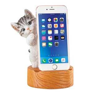collections etc peeking cat wood-style base mobile phone holder stand
