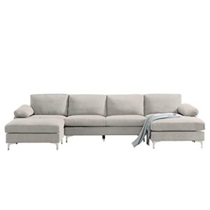 Knowlife Modern Corner Sectional Futon Sofa with Removable Cushions and Ottomans Convertible Sofa Couch for Living Room, 131 inchL - Light Gray.