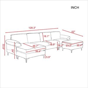 Knowlife Modern Corner Sectional Futon Sofa with Removable Cushions and Ottomans Convertible Sofa Couch for Living Room, 131 inchL - Light Gray.