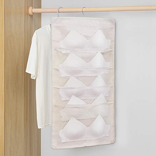 ohihuw Closet Hanging Organizer for Large Size Bras with Enlarged Mesh Pockets Dual Sided Underwear Storage (Beige)