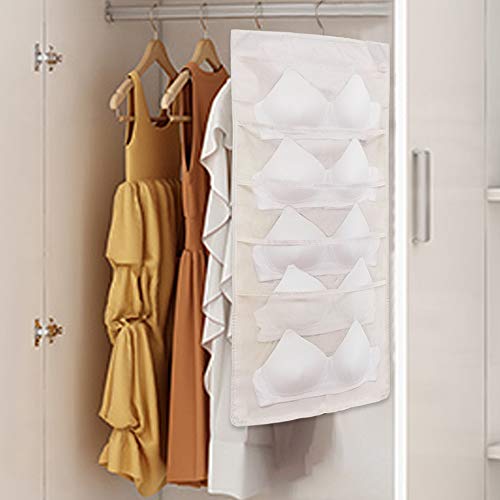 ohihuw Closet Hanging Organizer for Large Size Bras with Enlarged Mesh Pockets Dual Sided Underwear Storage (Beige)