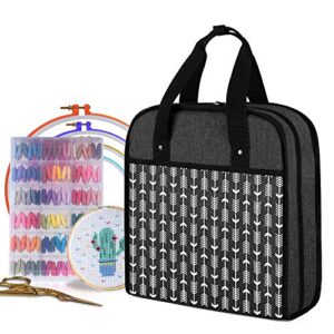 yarwo embroidery bag, embroidery projects storage with multiple pockets for embroidery hoops (up to 12"), embroidery floss and supplies, black with arrow (bag only, patented design)