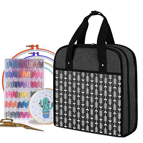 YARWO Embroidery Bag, Embroidery Projects Storage with Multiple Pockets for Embroidery Hoops (Up to 12"), Embroidery Floss and Supplies, Black with Arrow (Bag Only, Patented Design)