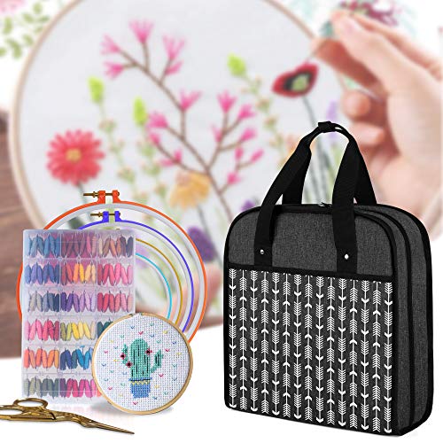 YARWO Embroidery Bag, Embroidery Projects Storage with Multiple Pockets for Embroidery Hoops (Up to 12"), Embroidery Floss and Supplies, Black with Arrow (Bag Only, Patented Design)