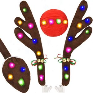 ealebe kooboe car reindeer antlers & nose decorations, christmas antlers car kit with led lights jingle bell nose and tail for truck, decorate any vehicle, xmas gift set