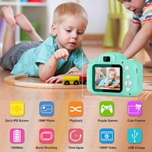 Kids Camera for Girls Boys, Kids Selfie Camera Toy 13MP 1080P HD Digital Video Camera for Toddler, Christmas Birthday Gifts for 3-10 Years Old Children with 32G SD Card [2023 Upgrade] Green