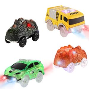 save unicorn tracks cars only replacement, track cars for tracks glow in the dark, racing car tracks accessories with flashing led lights, compatible with magic tracks for kids boys and girls(4pack)