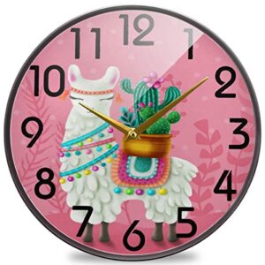 naanle cute llama with cactus pink round wall clock, 9.5 inch silent battery operated quartz analog quiet desk clock for home,office,school